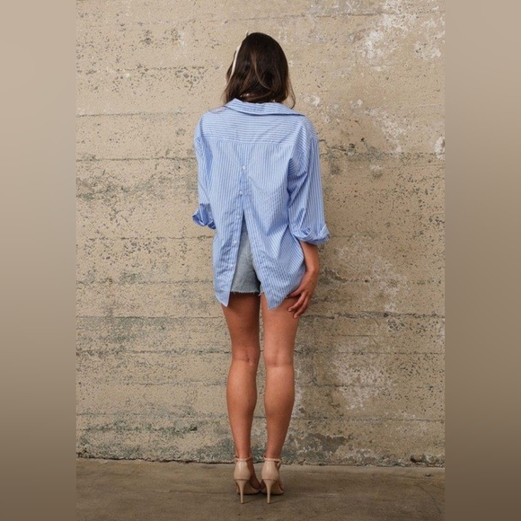 NWT TOMORROW BACK BUTTON DOWN TOP, BLUE STRIPE, VARIOUS SIZES - Picture 2 of 7